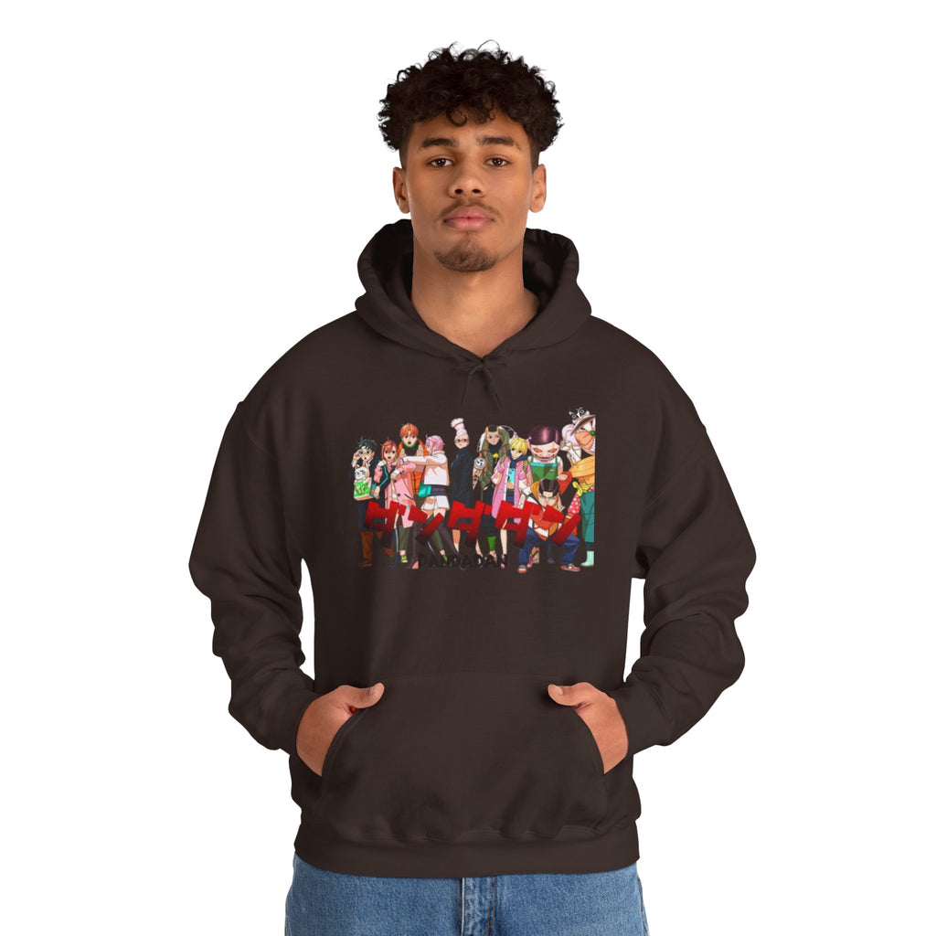 Anime Crew Graphic Hoodie — Colorful "Dandadan" Character Group Print