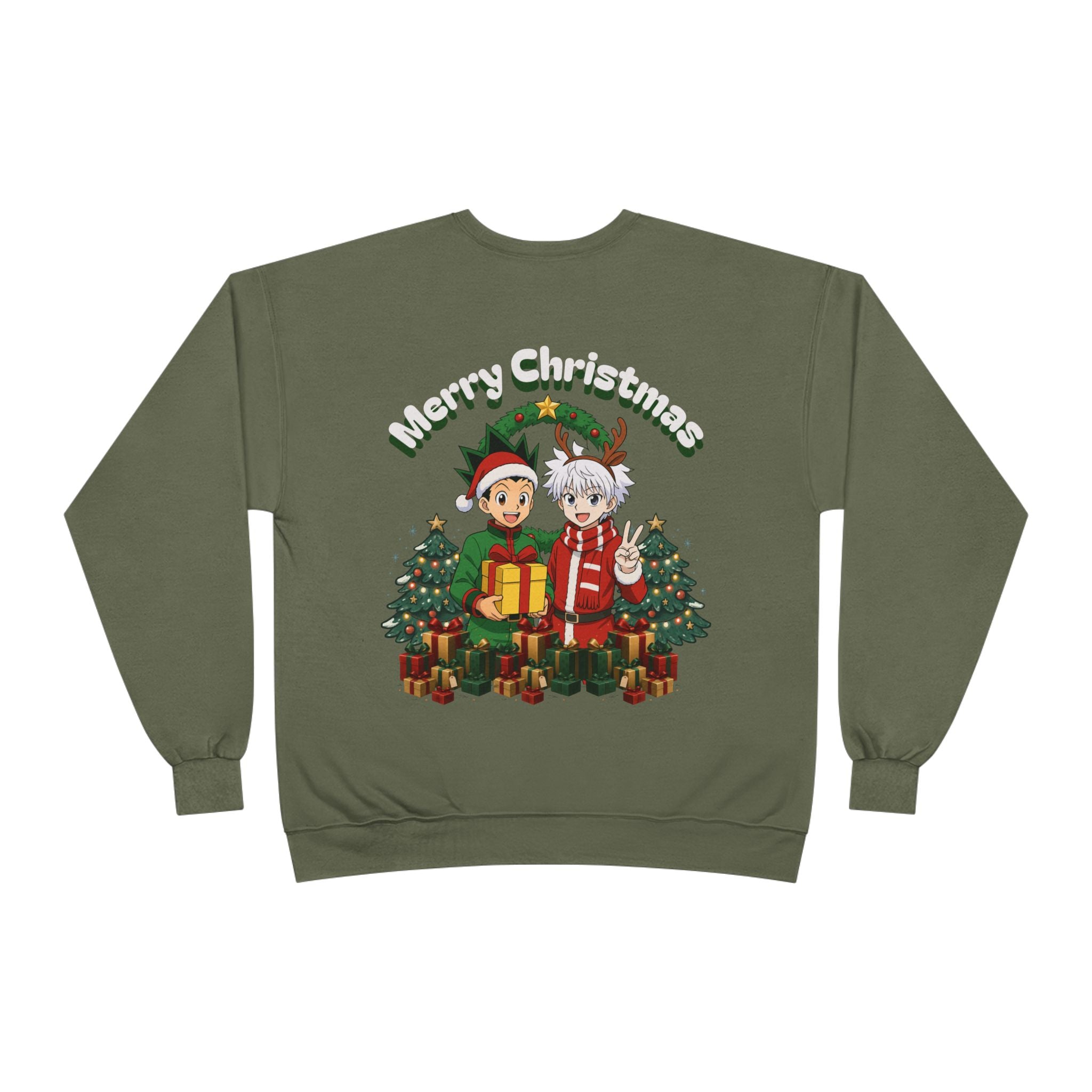 Merry Christmas Anime Crewneck Sweatshirt — 'Hunter' Front Logo & Festive Back Design