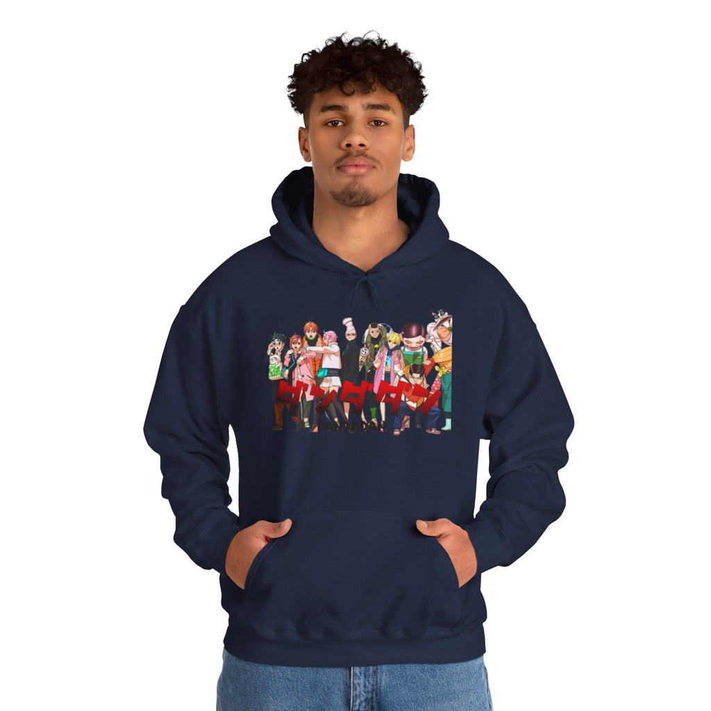 Anime Crew Graphic Hoodie — Colorful "Dandadan" Character Group Print